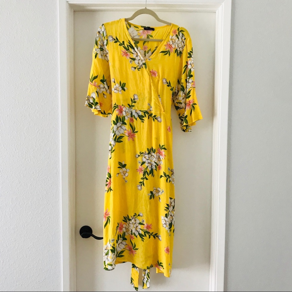 Yellow Wrap Floral Dress